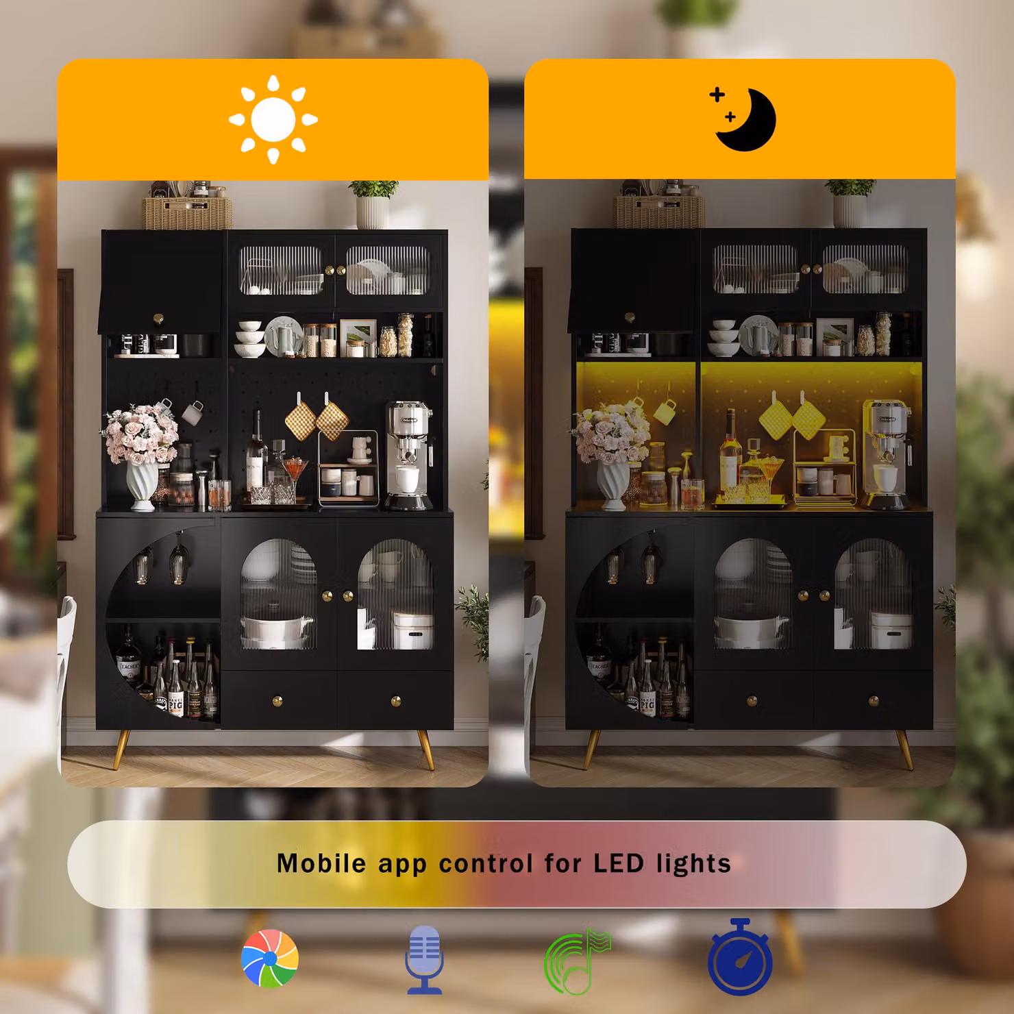 Aosom UK Modern Tall Kitchen Cabinet in Black with Built-In Power Outlets, 2 USB Ports and App-Controlled LED Lighting, W: 40 cm, D: 40 cm, H: 176 cm – 4
