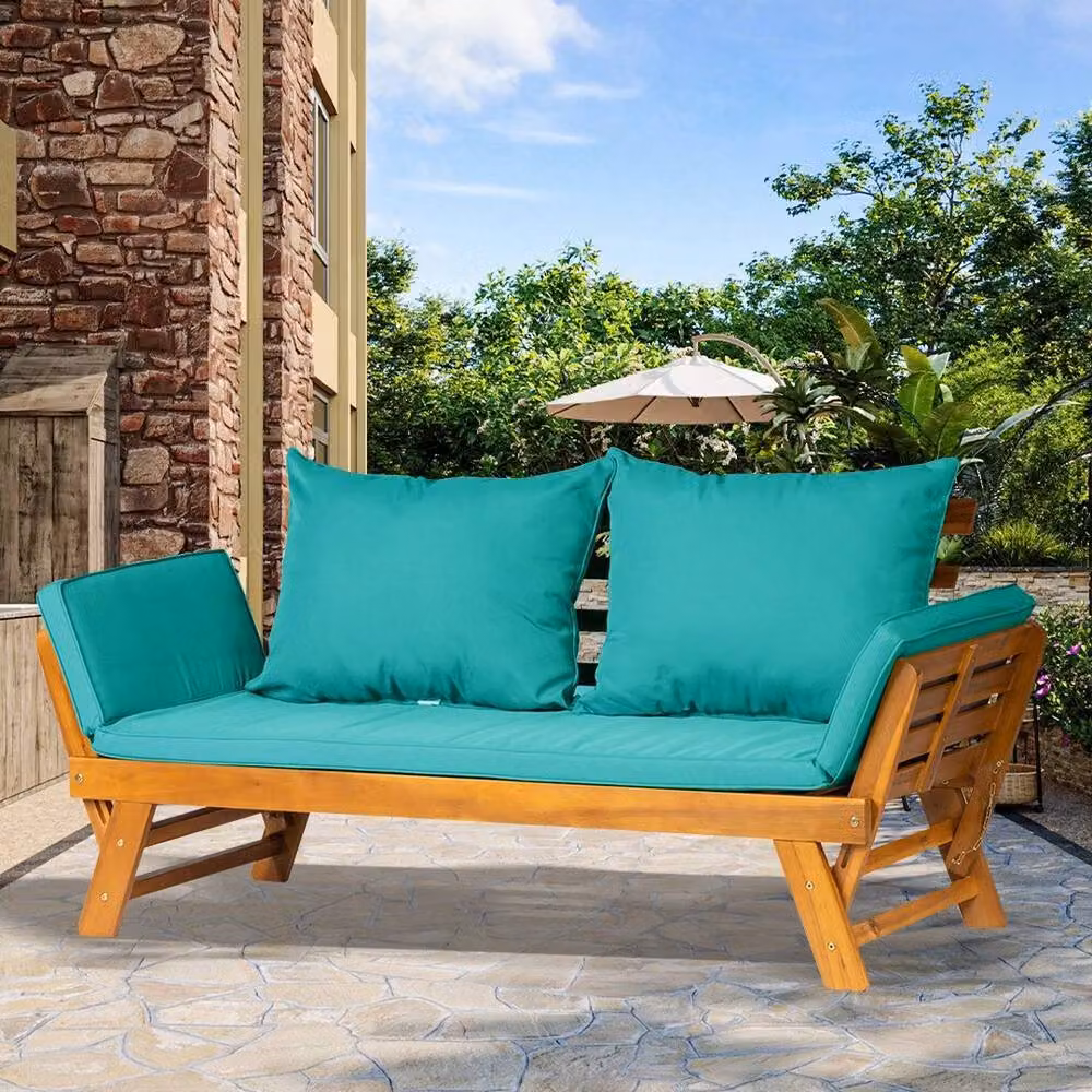 FORGEVIO Turquoise Acacia Wood Folding Garden Sofa Bed Daybed with Armrests – 3