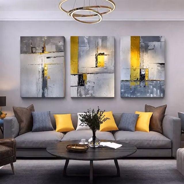Mafett Set of 3 Modern Abstract Geometric Canvas Wall Art in Grey, W: 61.0 cm, H: 81.28 cm
