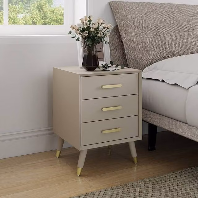 Melody Maison Oslo 3 Drawer Bedside Table in Taupe and Gold