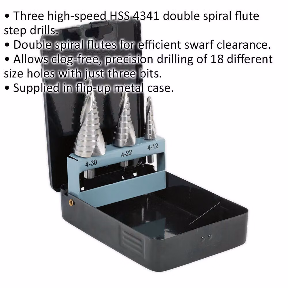 Loops 3 Piece HSS 4341 Spiral Flute Step Drill Bit Set in Silver and Multicolour – 2