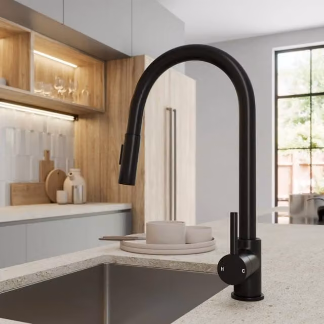 Moritza Matt Black Pull Out Kitchen Mixer Tap with Single Lever Handle and Swivel Spray Spout