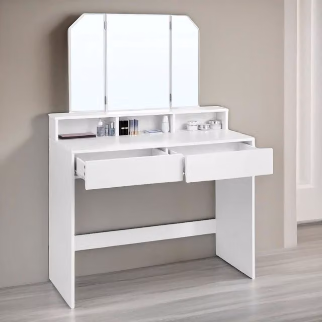 Furnold Modern 2 Drawer Dressing Table with Tri-Fold Mirror in Matt White