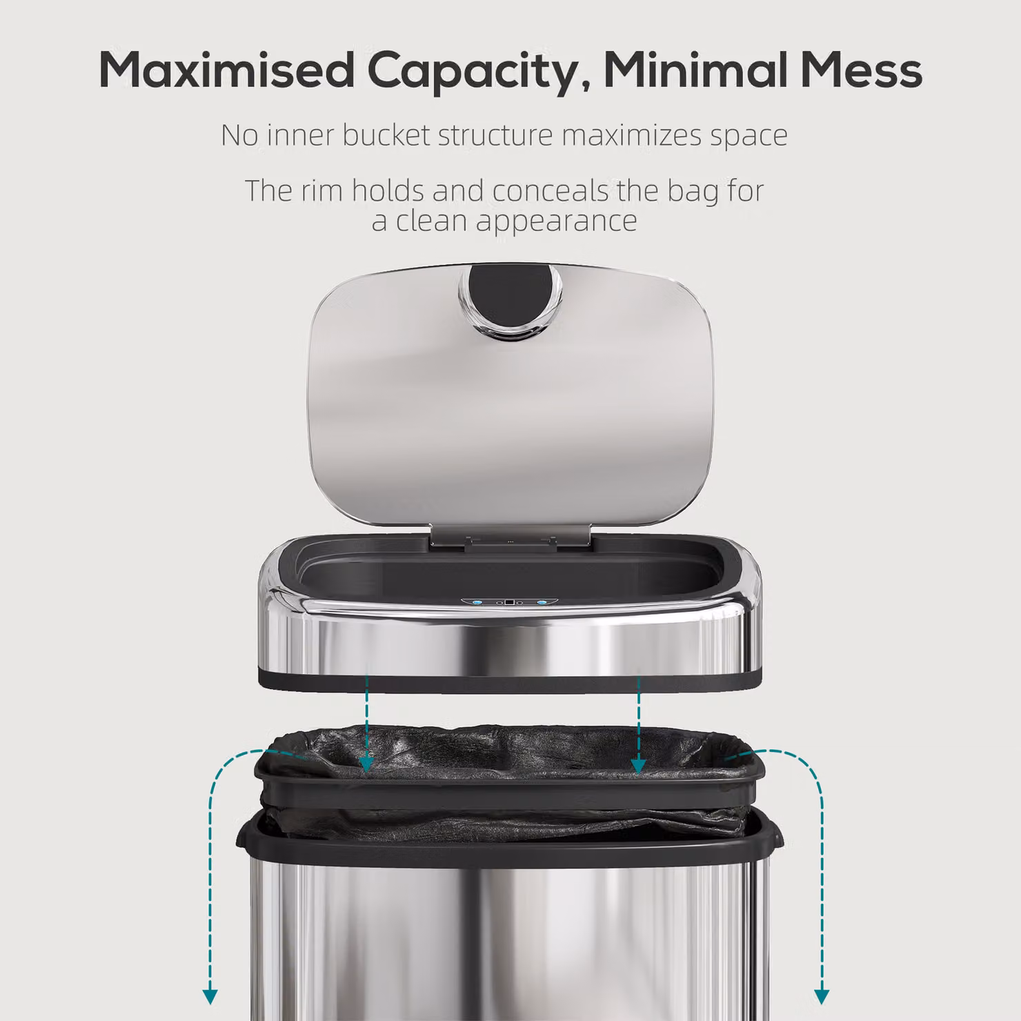 HOMCOM 50L Stainless Steel Sensor Bin with Soft-Close Lid and Fingerprint-Proof Finish in Silver Tone – 4