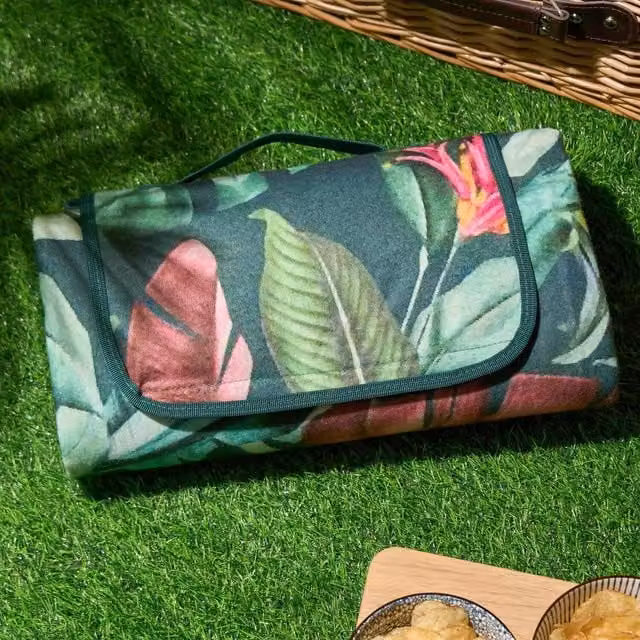 OHS Tropical Floral Folding Picnic Blanket in Green and Multicolour
