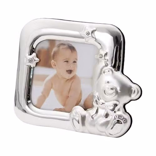 Happy Homewares Square Teddy Bear Baby Photo Frame with Diamante Stars in Silver, W/H: 7.62 x 7.62 cm – 1