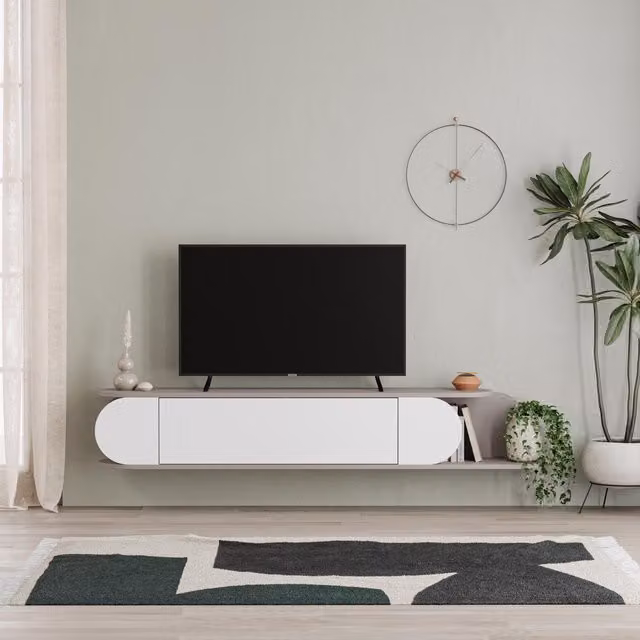 FWStyle Modern Wall Mounted Large 1 Door TV Unit in Mocha Grey and White