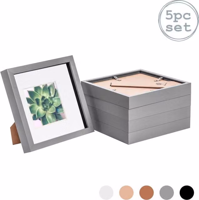 Nicola Spring Pack of 5 Square 3D Box Photo Frames in Grey and White, W/H: 20.32 x 20.32 cm with 10.16 x 10.16 cm Mount