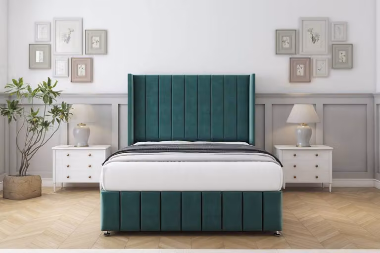 Sloomy Melbourne Plush Divan Set in Green with Wingback Headboard and Footboard, Double Size, W/D/H: 140 x 200 cm