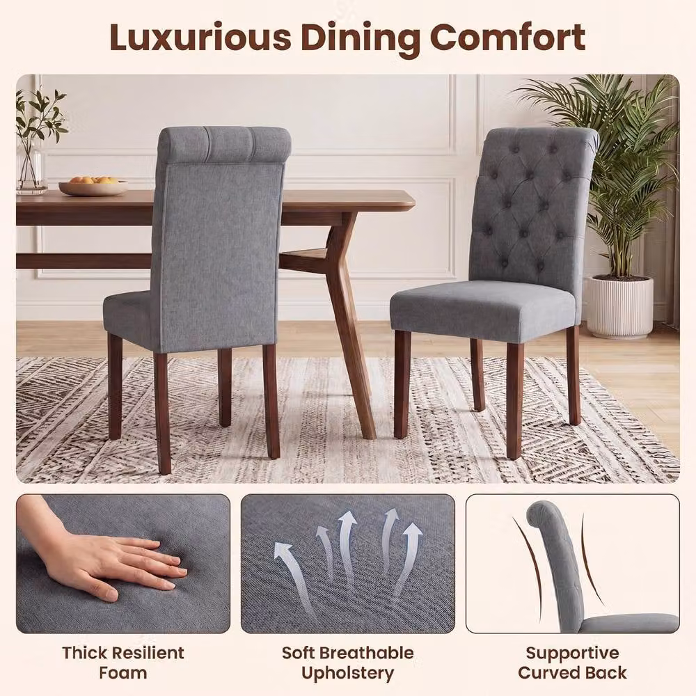 Costway Set of 2 Grey Upholstered Button Tufted Dining Chairs with Padded Fabric Seats – 7