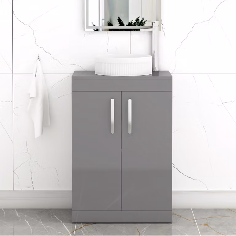 Royal Bathrooms Turin 600mm Floor Standing 2 Door Vanity Unit in Indigo Grey Gloss with Round Countertop Basin