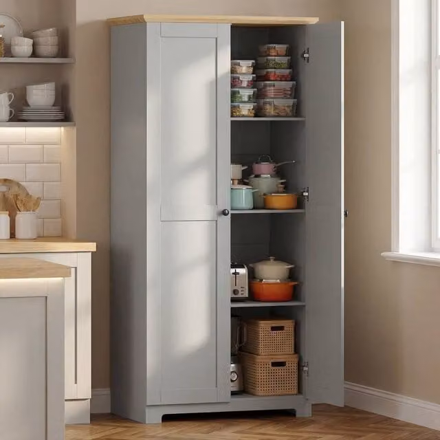 HOMCOM Modern Grey Freestanding Tall Kitchen Storage Cabinet with 2 Hinged Doors and Internal Shelves, H 172 x W 80 x D 47 cm – 1