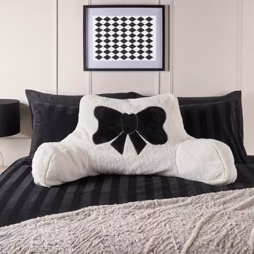 OHS Embroidered Bow Cuddle Cushion in Black and White Teddy Fleece Reading Pillow for Adults W/D/H: 65 x 40 x 40 cm