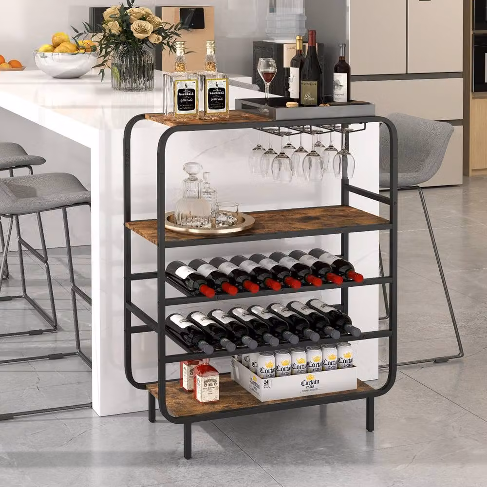 Gymax 5-Tier Metal Wine Rack in Brown with 16 Bottle Capacity and Glass Holders – 4