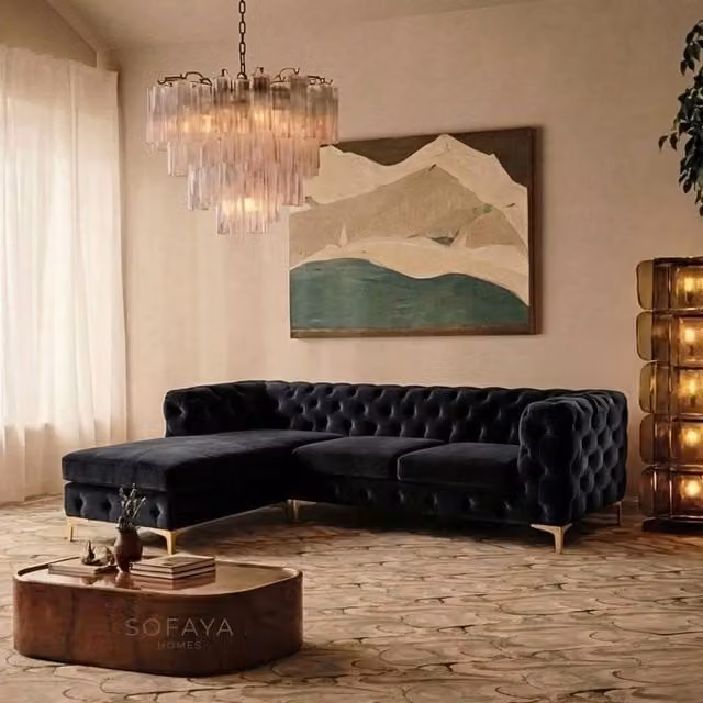 Sofaya Monaco Chesterfield 3 Seater L-Shaped Sofa in Black Velvet with Left Hand Chaise – 1