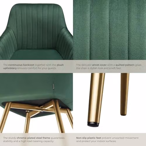 tectake Set of 2 Marilyn Dining Chairs with Velvet Fabric and Gold Metal Legs in Dark Green/Gold – 6