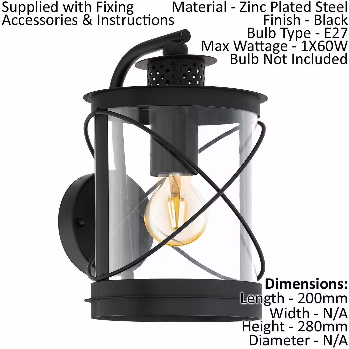 Loops 2 Pack Black Metal Outdoor Wall Lanterns with Transparent Glass and IP44 Rating – 2