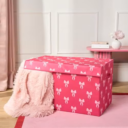 OHS Pink Bow Print Foldable Fabric Storage Box with Lid, W/D/H: 37.0 x 37.0 x 37.0 cm – 1