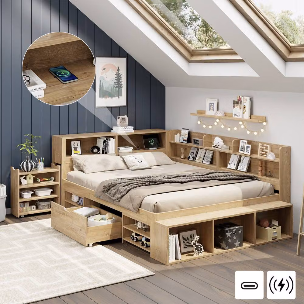 Rolipo Multifunctional 4ft6 Double Kids Bed with Storage Drawers, Natural Wood Finish, W/D/H: 140 x 200 cm – 2