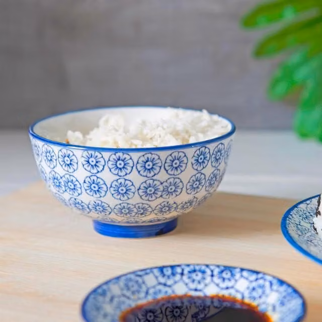 Nicola Spring Hand-Printed Rice Bowls, Blue, Pack of 6, Diameter: 12 cm
