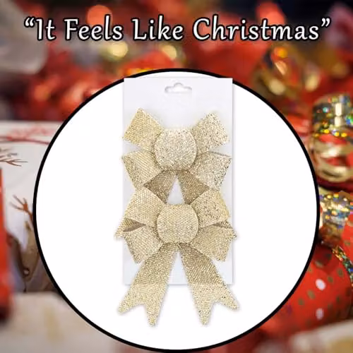VFM e-Store Tinsel Bows Christmas Decoration, Pack of 2, Gold and Beige, W/D/H: 13 x 17 x 4.5 cm – 6
