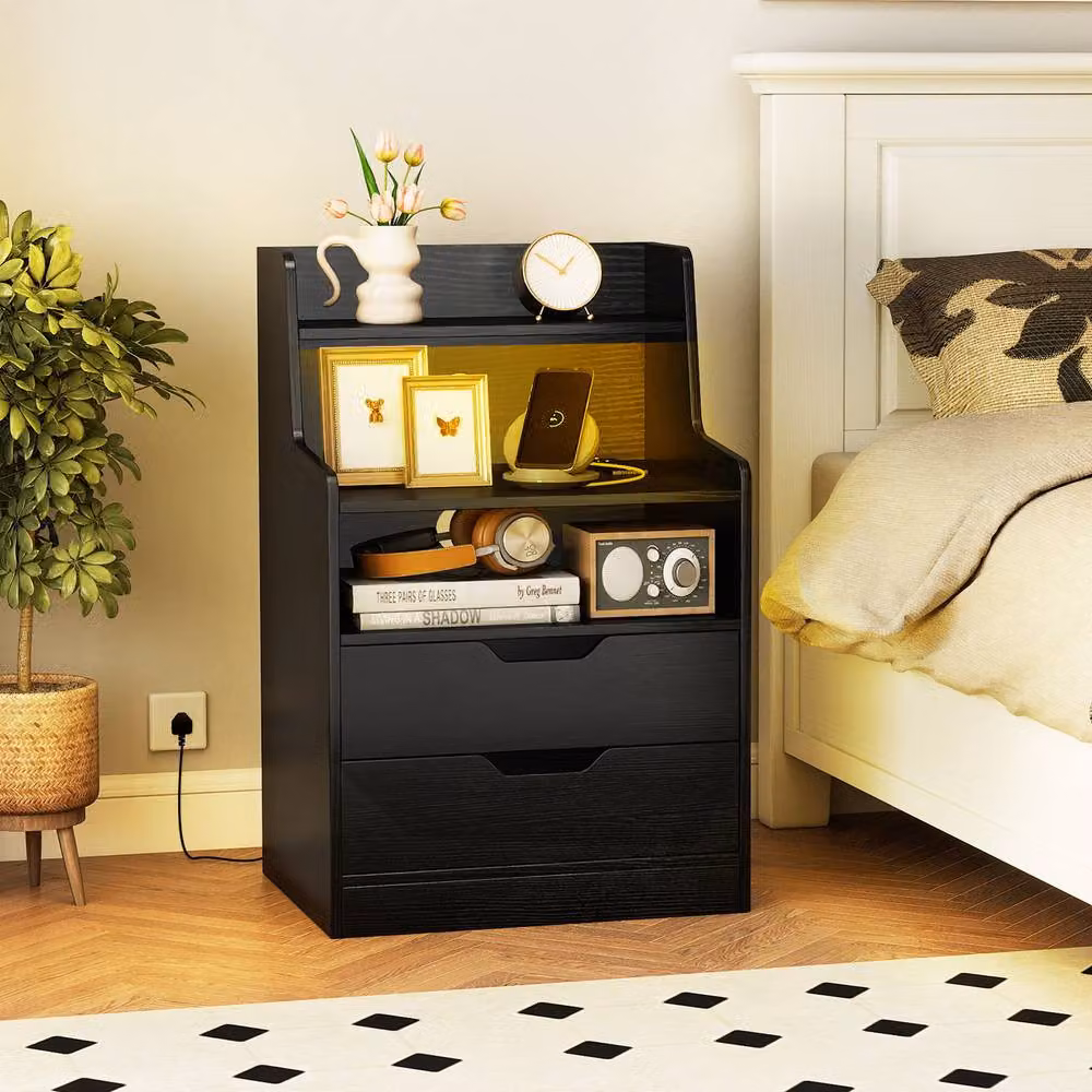 Costway Modern 2-Drawer LED Nightstand with Charging Station in Black – 9