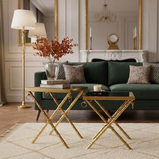 Orsina Set of 2 Modern Square Nesting Tables with Glass Tops and Metal Legs in Gold and Black – 1