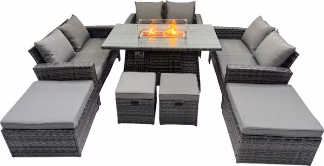Fimous Outdoor Love Sofa Set and Gas Firepit Dining Table in Dark Grey – 1