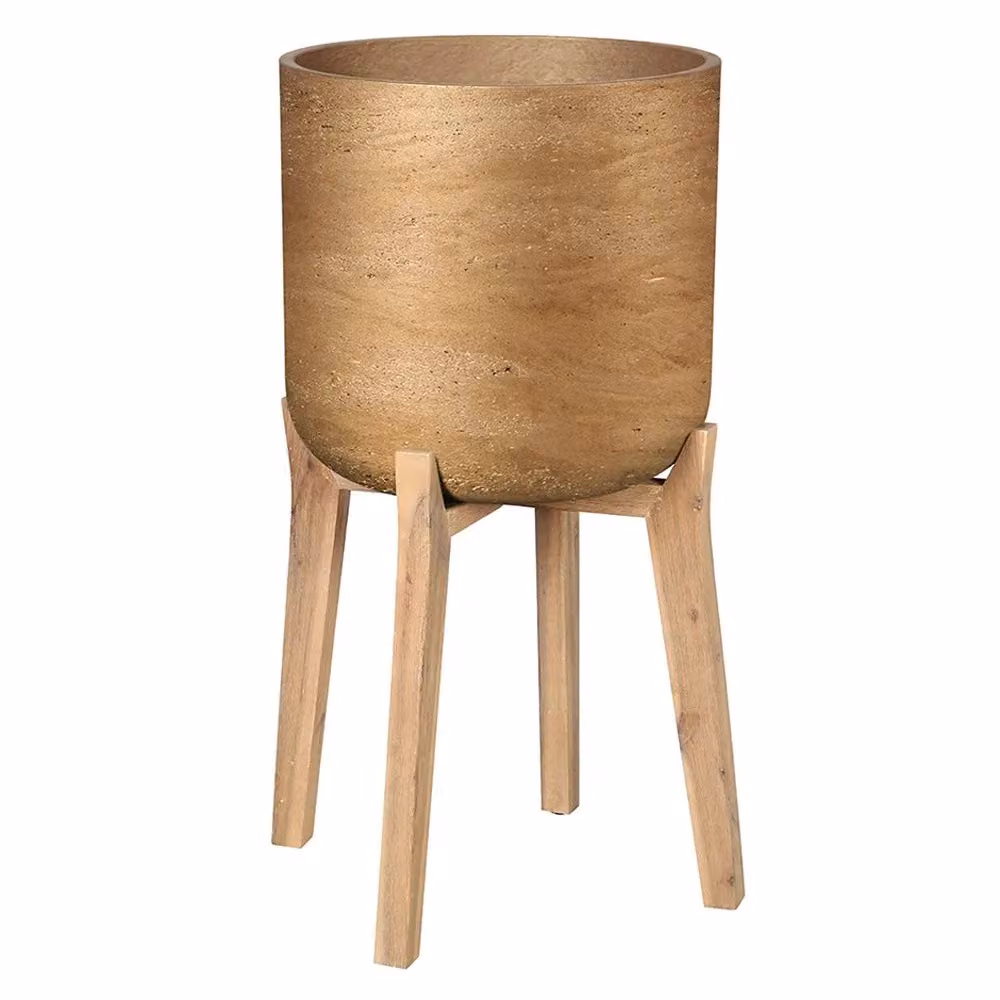 Primrose Metallic Concrete Round Planter with Wooden Stand in Bronze, Height: 51.5 cm – 2