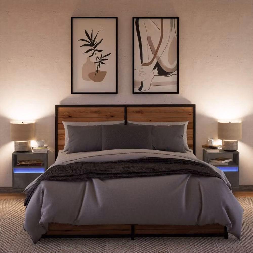 Berkfield Home Set of 2 Wall-mounted Bedside Cabinets with Integrated LED Lights in Grey – 3