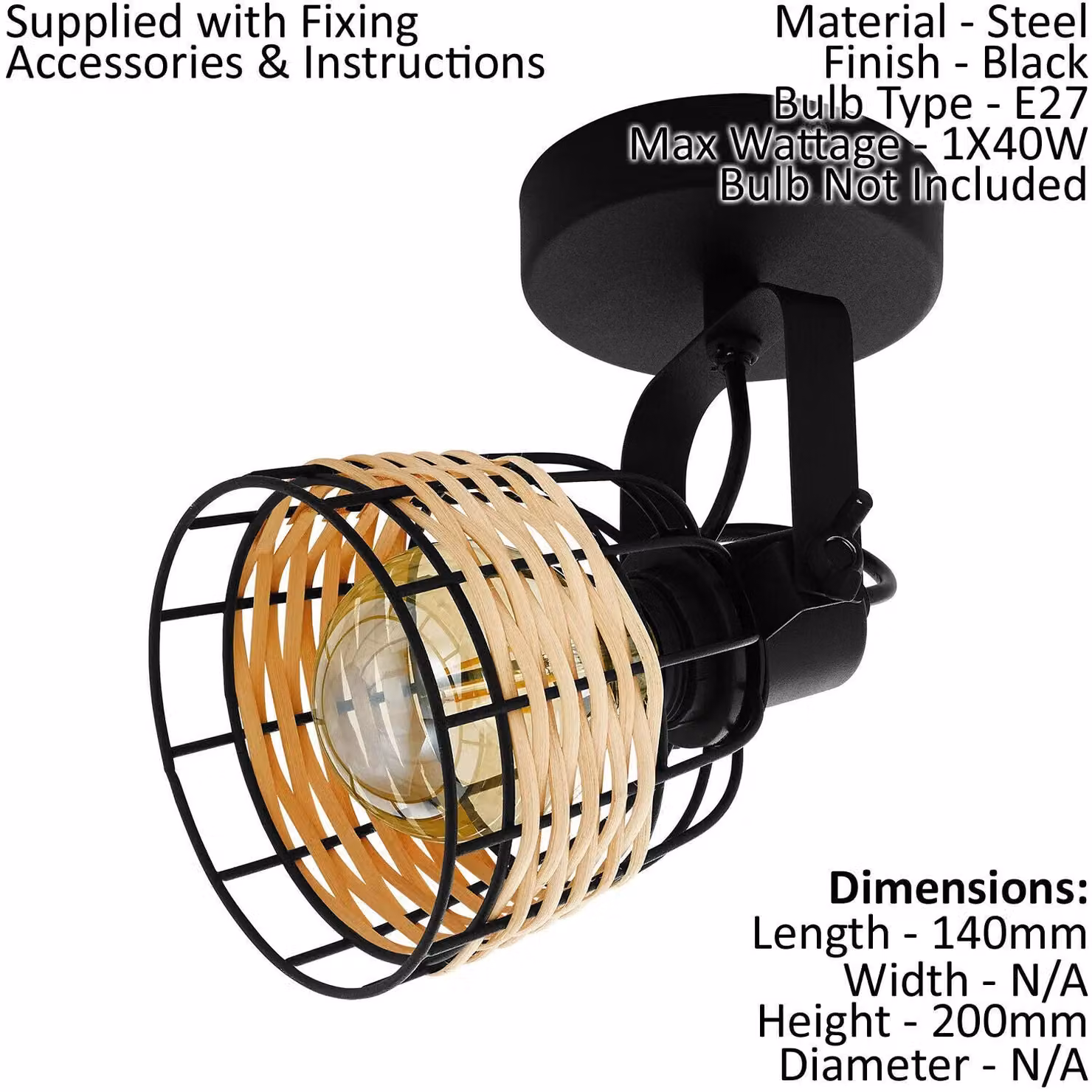 Loops 2 Pack Black and Wicker Adjustable Wall and Ceiling Spotlight with E27 Socket – 2