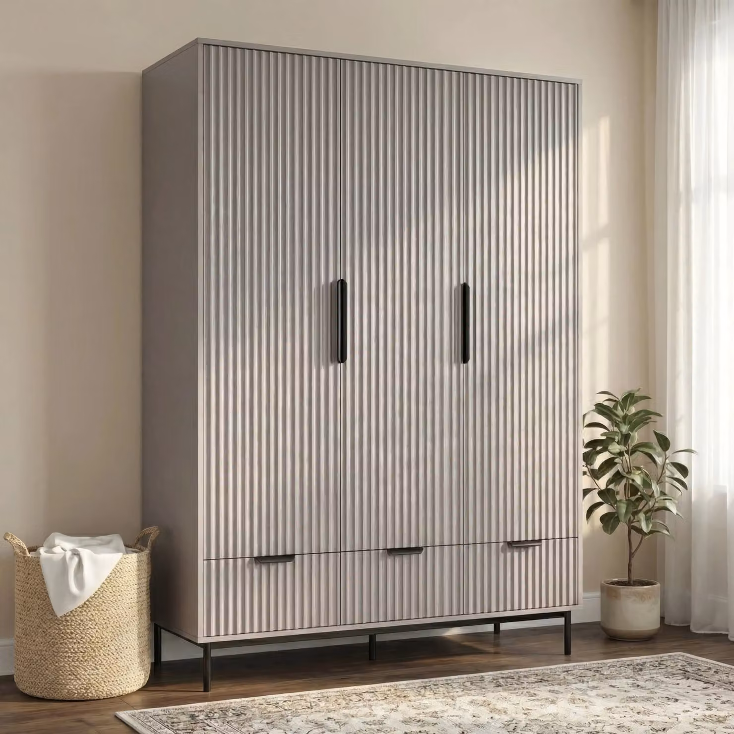 DHS Fluted 3 Door Wardrobe with Drawers and Shelves in Grey Lacquered Finish, H 180.3 x W 138.8 x D 55 cm
