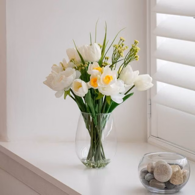 Scottish Everlastings Ltd Mixed White Floral Arrangement in a Glass Vase, Height: 33 cm