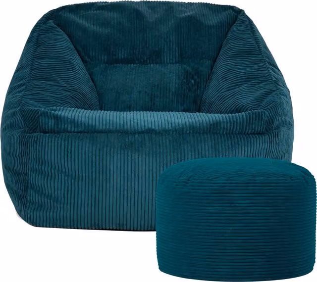 ICON Corduroy Bean Bag Armchair with Round Footstool in Petrol Green