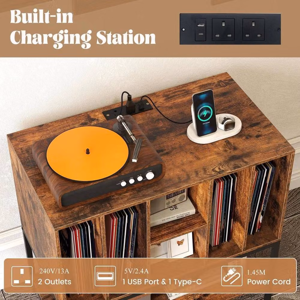 Kelvenix Industrial Record Player Stand and Turntable Table with Shelves in Brown – 4