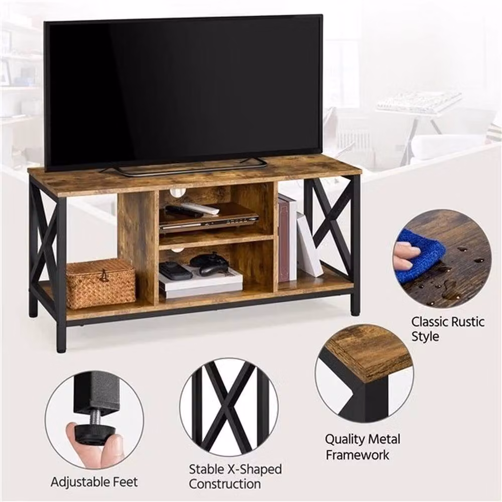 EONLION Industrial TV Cabinet with X-Shape Design and Storage Shelves in Brown and Black – 5