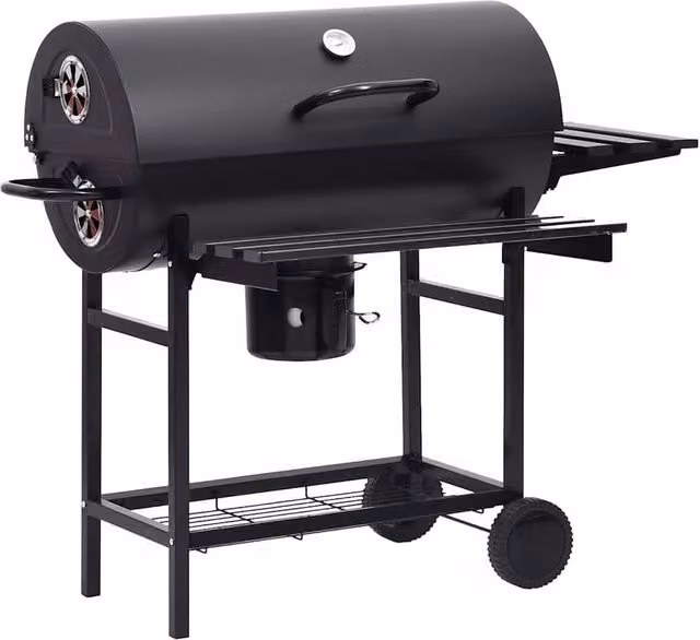 Berkfield Home Black Steel Barrel Charcoal Grill with Wheels, Shelves and Warming Rack, W/D/H: 115 x 85 x 95 cm – 1