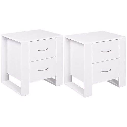 HOMCOM Set of 2 Modern White Bedside Tables with 2 Drawers and Silver Handles