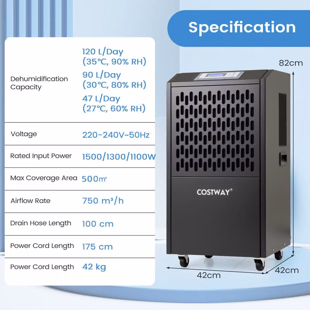 Costway 120 L Commercial Dehumidifier with Drain Hose and 4 Wheels, Black – 2