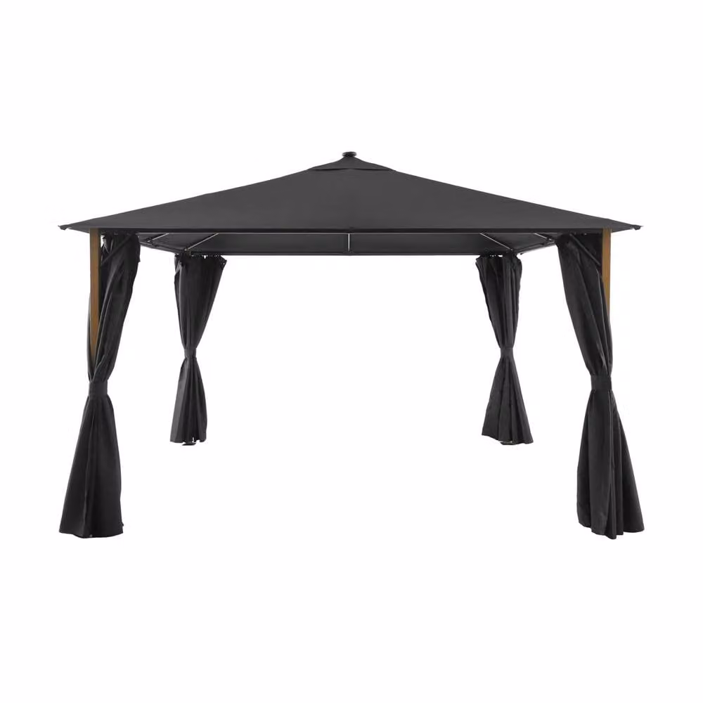 sweeek Aluminum Hip Roof Gazebo with Wood Effect, Curtains and LED in Dark Grey, W/D/H: 400 x 300 x 400 cm – 2