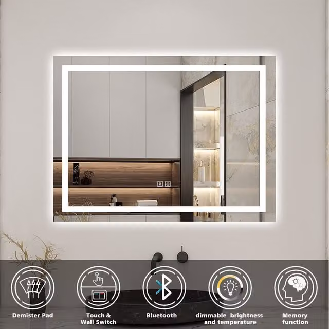 AicaBathroom Modern Rectangular White Bathroom Mirror with Dimmable LED Lights, Bluetooth Speaker and Touch Control, Width: 80 cm