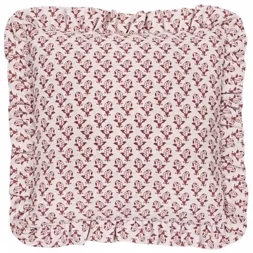 Lulah Block Printed Ruffle Cushion in Red Linen and Polyester, W/D/H: 45 x 45 x 45 cm
