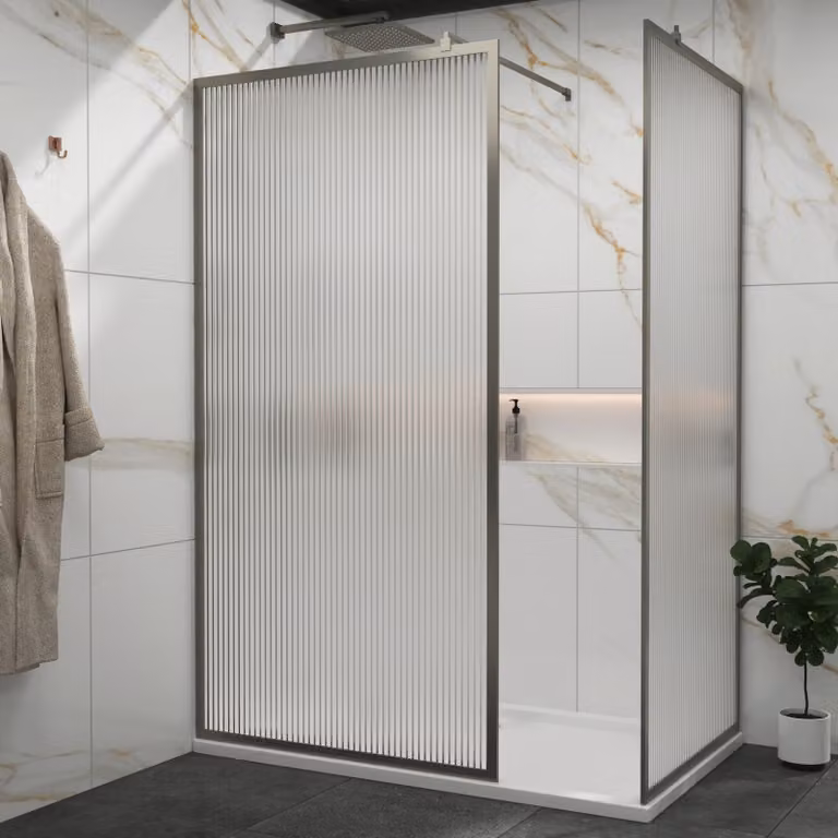 Luxor Walk In Fluted Shower Enclosure with Gun Metal Grey Frame and Easy Clean 8mm Glass, W/D: 120 x 76 cm