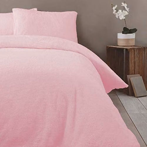 Rapport Home Soft Pink Teddy Fleece Duvet Cover and Pillowcase Set, W/D/H: 135 x 200 cm and 50 x 75 cm
