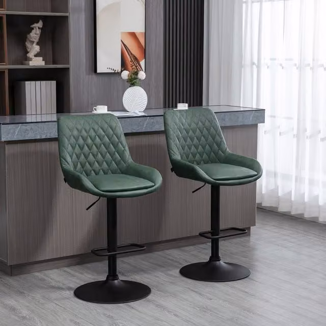 HOMCOM Set of 2 Adjustable Green Synthetic Leather and Metal Bar Stools