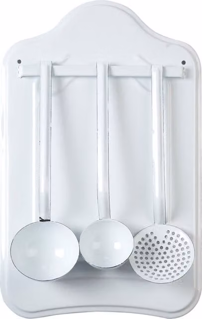 Orsina Enamelled Carbon Steel Utensil Set in Grey and White with Wall-Mounted Stand