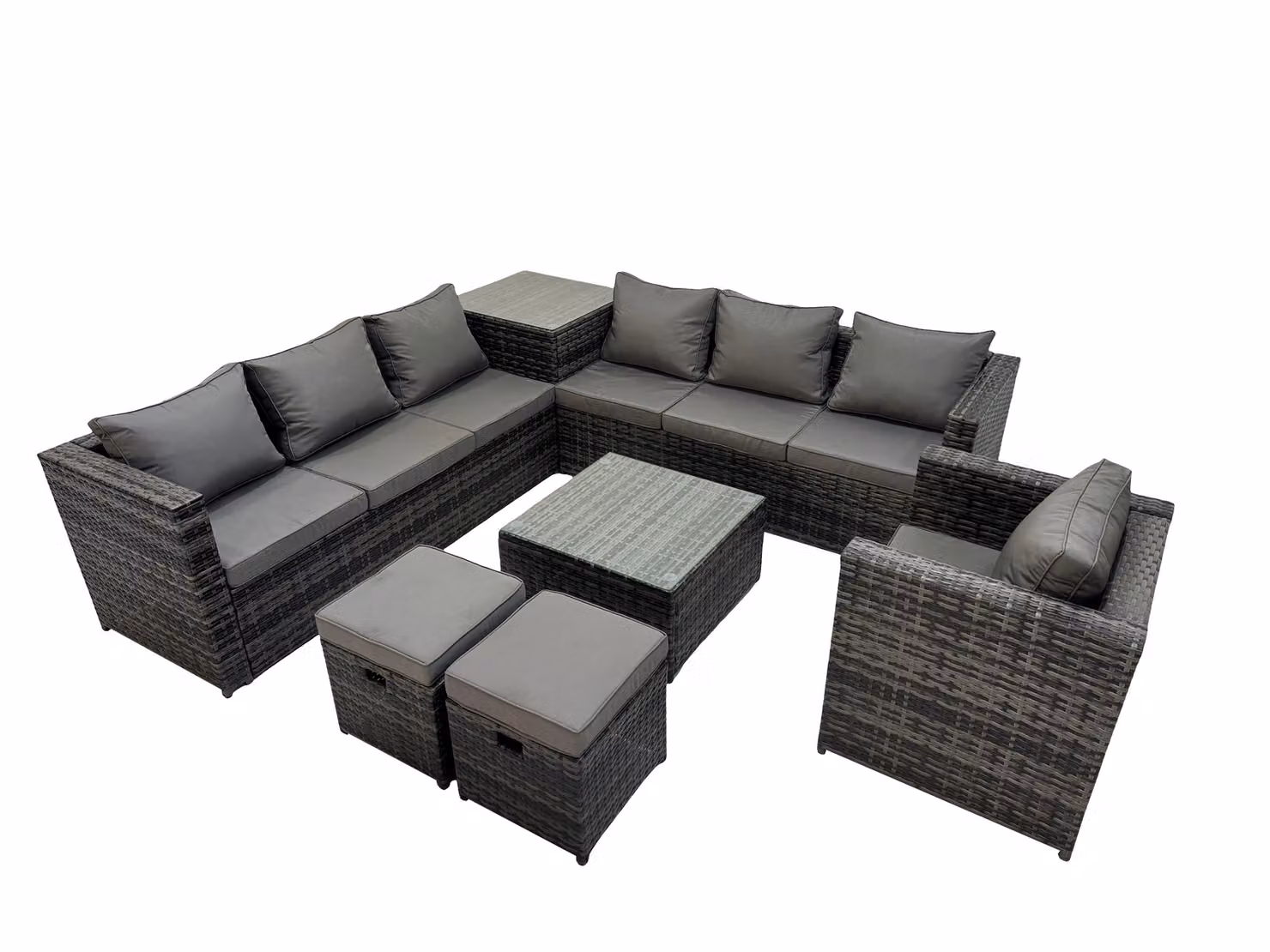 Fimous 9 Seater L-Shape Rattan Garden Furniture Set in Dark Grey with Upholstered Cushions, Coffee Table and Ottoman – 2