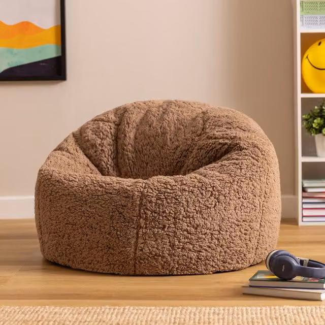 ICON Brown Bouclé Kids Bean Bag Chair with Removable Fleece Cover, Diameter: 45 cm