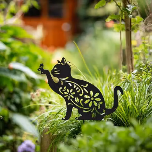 Nicoman Metal Cat Silhouette Garden Ornament with Floral Pattern, Black – 1