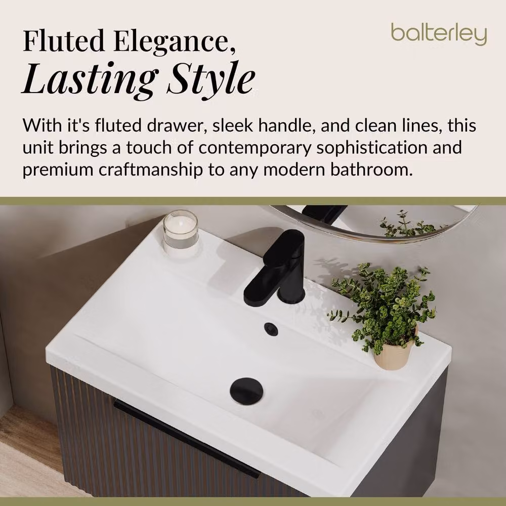 Balterley Fluted Front Wall Hung 1 Drawer Vanity Basin Unit, Dark Grey, W: 60 cm – 3